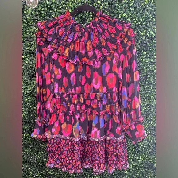 Farm Rio Anthropologie Iridescent Leopards Black Ruffled Dress - Size Small - Picture 5 of 16
